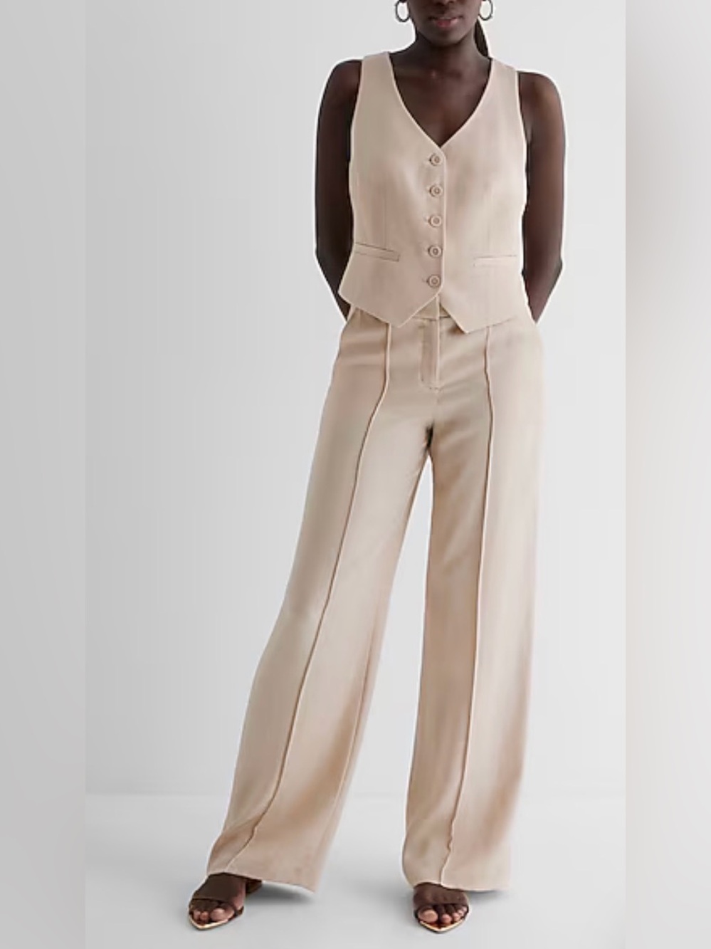 Pink Linen-blend SET from Express includes a sleeveless Vest and Editor Pants